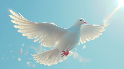Obraz premium 3D illustration of white dove fly in blue sky, International Day of Peace, September 21, symbol, pigeon, flight, wings, feathers, bird, animal, postcard, pacifism, world peace day