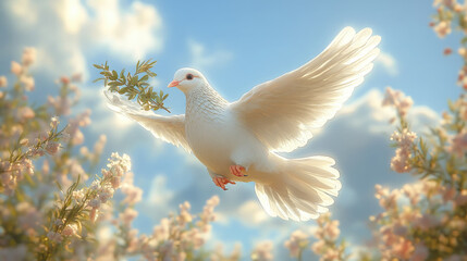 Fototapeta premium 3D illustration of white dove with olive branch in beak against blue sky, International Day of Peace, September 21, symbol, pigeon, flight, wings, feathers, bird, animal, postcard, biblical story