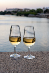 Sherry wine tasting on roof of old Triana district in Sevilla with view on Sevilla houses and river, wine glasses