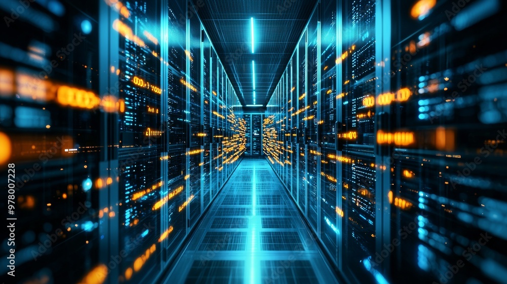 Poster modern data center with server racks and glowing lights