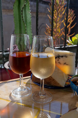 Sherry fino, manzanilla, olorosso wine, jerez fortified wine made from palomino white grape served in Jerez de la Frontera, Cadiz, Andalusia, Spain