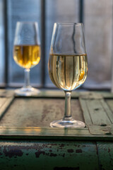 Sherry wine tasting, fino, olorosso, amontillado, cream jerez sherry fortified wine made from palomino white grape in bogedas in Jerez de la Frontera, Cadiz, Andalusia, Spain