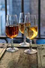 Sherry wine tasting, fino, olorosso, amontillado, cream jerez sherry fortified wine made from palomino white grape in bogedas in Jerez de la Frontera, Cadiz, Andalusia, Spain