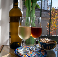 Sherry fino, manzanilla, olorosso wine, jerez fortified wine made from palomino white grape served in Jerez de la Frontera, Cadiz, Andalusia, Spain