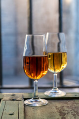 Sherry wine tasting, fino, olorosso, amontillado, cream jerez sherry fortified wine made from palomino white grape in bogedas in Jerez de la Frontera, Cadiz, Andalusia, Spain