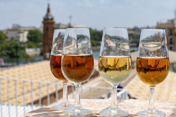 Sherry wine tasting on roof of old Triana district in Sevilla with view on Sevilla houses and...