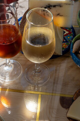 Sherry fino, manzanilla, olorosso wine, jerez fortified wine made from palomino white grape served in Jerez de la Frontera, Cadiz, Andalusia, Spain