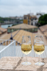 Sherry fino wine tasting on roof of old Triana district in Sevilla with view on Sevilla houses and churches, wine glasses