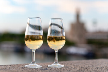 Sherry wine tasting on roof of old Triana district in Sevilla with view on Sevilla houses and river, wine glasses