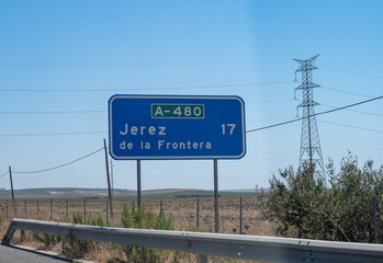 Driving rental car on highways in touristic Jerez triangle, Cadiz region, Andalusia, Spain