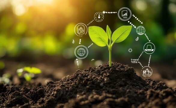 Emerging plant with digital eco concepts on fertile soil