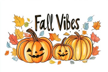 neon Halloween clipart, spooky, cartoon style, pumpkins and jack o lanterns, with the words "Fall Vibes"