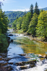 Landscape of mountain river among the hills with pine ans spruce trees with rocky shore, fast water