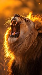 Naklejka premium Majestic roaring lion captured at sunset with golden light highlighting its mane