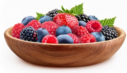 Obraz premium Mixed Berries in Wooden Bowl Isolated on White Background, Clipping Path, Full Depth of Field