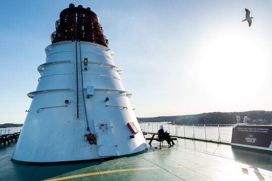 Baltic Sea, Sweden: May 3, 2024: View over the outer deck of the cruise ship Viking Cinderella during the voyage on the Baltic Sea in the sunset