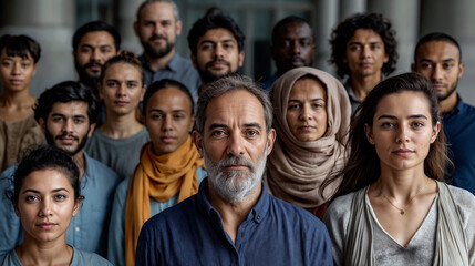 A group of diverse individuals stands together, expressing unity and strength. Their varied backgrounds and attire highlight a beautiful representation of community and harmony - Generative AI