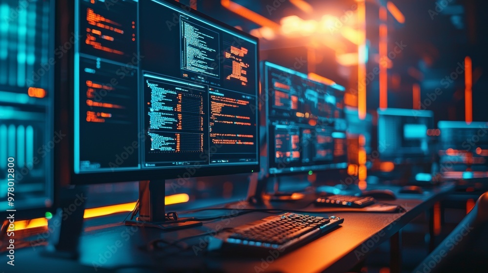Poster cybersecurity operations in a dark room with multiple monitors