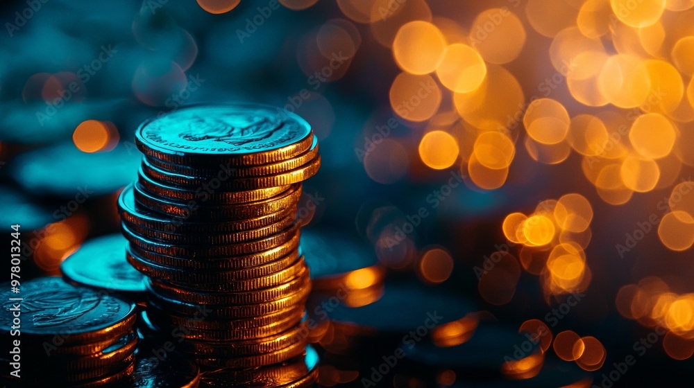 Poster stack of coins with warm bokeh lights in the background