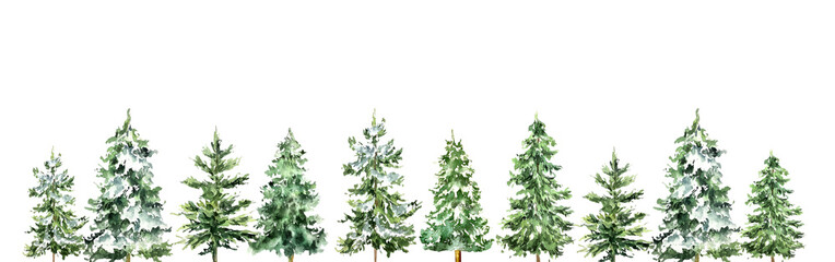 Set banner of watercolor christmas tree illustration. Collection of hand drawn cute decorative christmas trees isolated on white background. Design for sticker, decoration, card, poster, artwork.