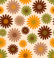 Retro midcentury daisy flowers Vector seamless pattern. Mod jumbo flowers in Retro 70s colors: orange yellow, moss green, dark brown, cream.