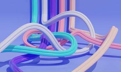 A tangle of colorful, shiny tubes looping and intertwining on a lilac background. 3d rendering 
