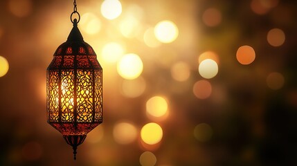 Hanging Islamic lanterns on a blurry light background.