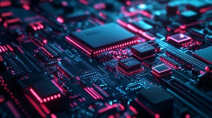 Fototapeta premium Close-up of a motherboard with neon pink and blue lighting