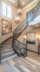 Obraz premium Elegant Staircase and Stylish Lighting Enhance the Inviting Entryway of a Luxury Home. Generative AI