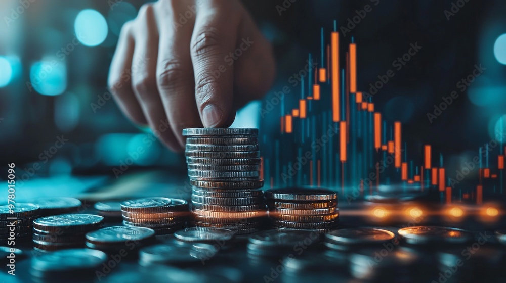 Poster hand stacking coins with financial chart in background