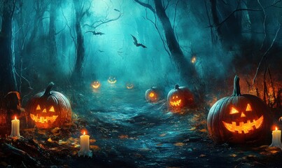 Spooky Halloween forest with carved pumpkins and bats
