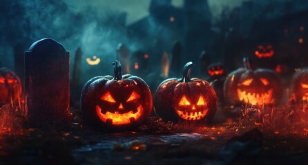 Spooky Halloween Jack-o'-Lanterns in a Graveyard