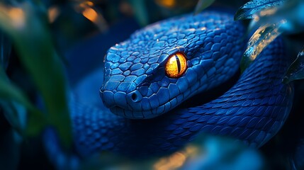 Fototapeta premium Blue venomous pit viper with sharp eyes and detailed scales curled around a branch in a dark jungle