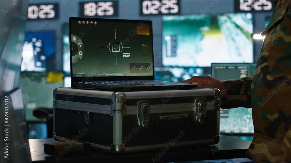 Poster air force officer performing tactical level surveillance in command room using laptop. close up of m