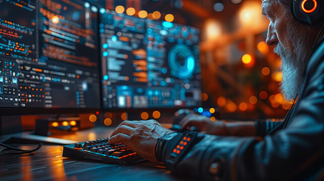 A man works in a dark office in front of a computer monitor. Close-up of his hands - Powered by Adobe