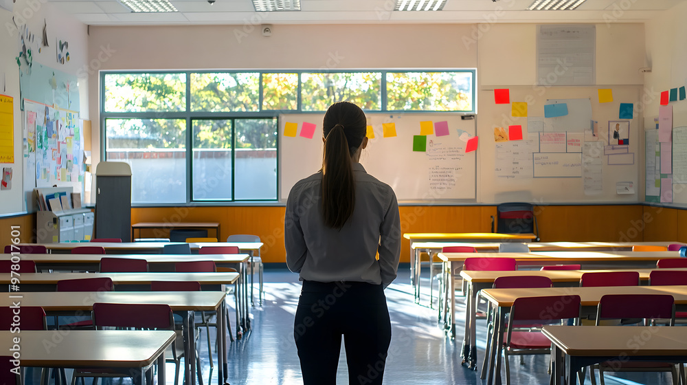Poster a primary school teacher stands facing an empty classroom, readying for a day of learning and intera