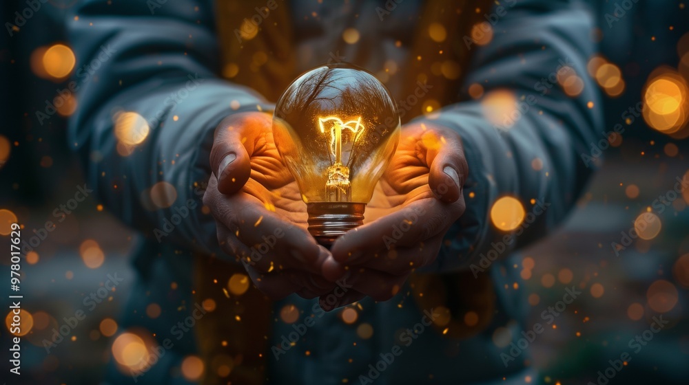 Poster hands holding glowing light bulb with bokeh lights in the background