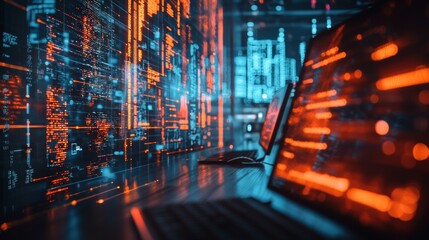 Data center with computer screens displaying red and blue codes