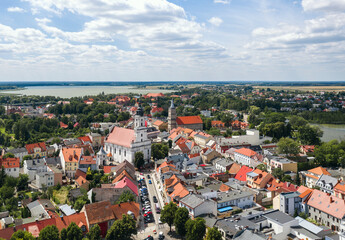 Summer aerial skyline cityscape of Wolsztyn, Greater Poland (Wielkopolska). Wide panoramic view of the sunny old town