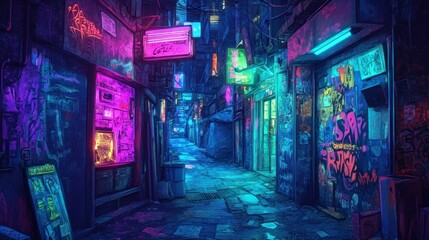 Naklejka premium Neon-Lit Back Alley in a Cyberpunk City