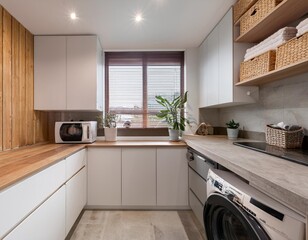 Modern laundry room with sleek appliances and ample storage solutions
