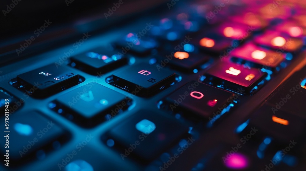 Poster close-up of a colorful illuminated keyboard in dark ambient light