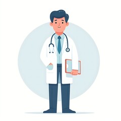 Fototapeta premium A flat-style illustration of a doctor standing confidently in medical attire. Perfect for healthcare, medical services, and wellness content. Clean, minimalistic design with a professional look.