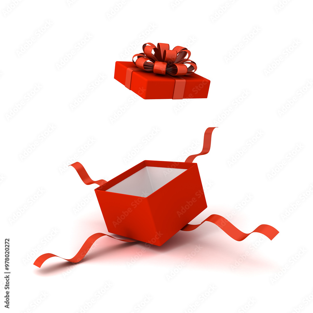 Aufkleber Open red gift box product display mockup or blank red present box with red ribbons and bow isolated on white background with shadow 3D rendering