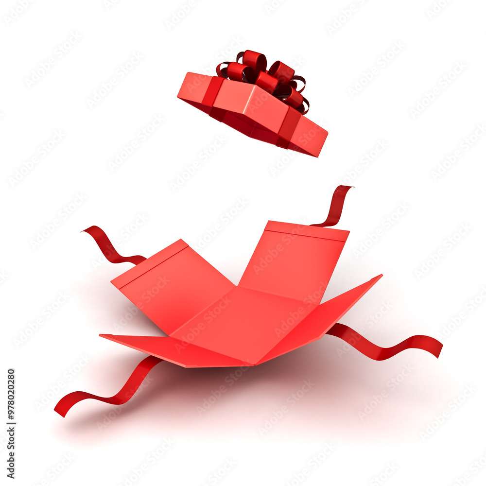Aufkleber Unfolded red gift box product display mockup or blank open red present box with red ribbons and bow isolated on white background with shadow 3D rendering