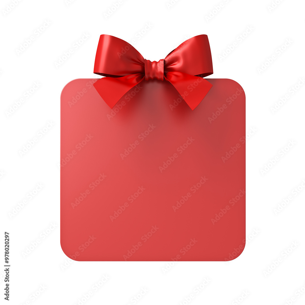 Leinwandbilder Blank red rounded square sign or empty white present mock up button signboard template with red gift ribbon bow isolated on white background minimal concept 3D rendering