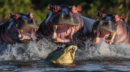 Three Hippos with Open Mouths Surrounding a Crocodile in Water