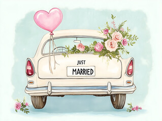 A vintage car adorned with balloons, flowers, and a "Just Married" sign drives away, symbolizing the joyful start of a couple's new journey together.