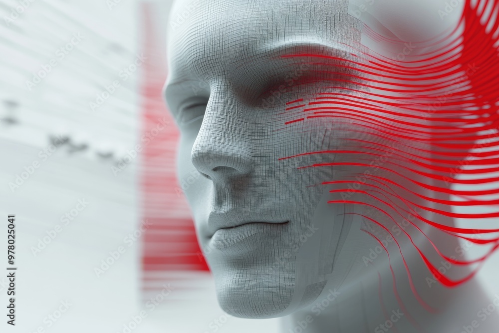 Poster abstract futuristic male face with red streaks of light representing digital data streams symbolizin