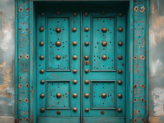 Fototapeta premium A decorative turquoise arched door with brass hardware